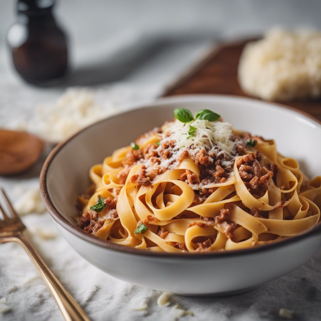 A bowl of freshly cooked tagliatelle pasta, topped with a rich and hearty bolognese sauce. The sauce is sprinkled with herbs and grated cheese, and a garnish of fresh basil sits in the center, adding a pop of color.