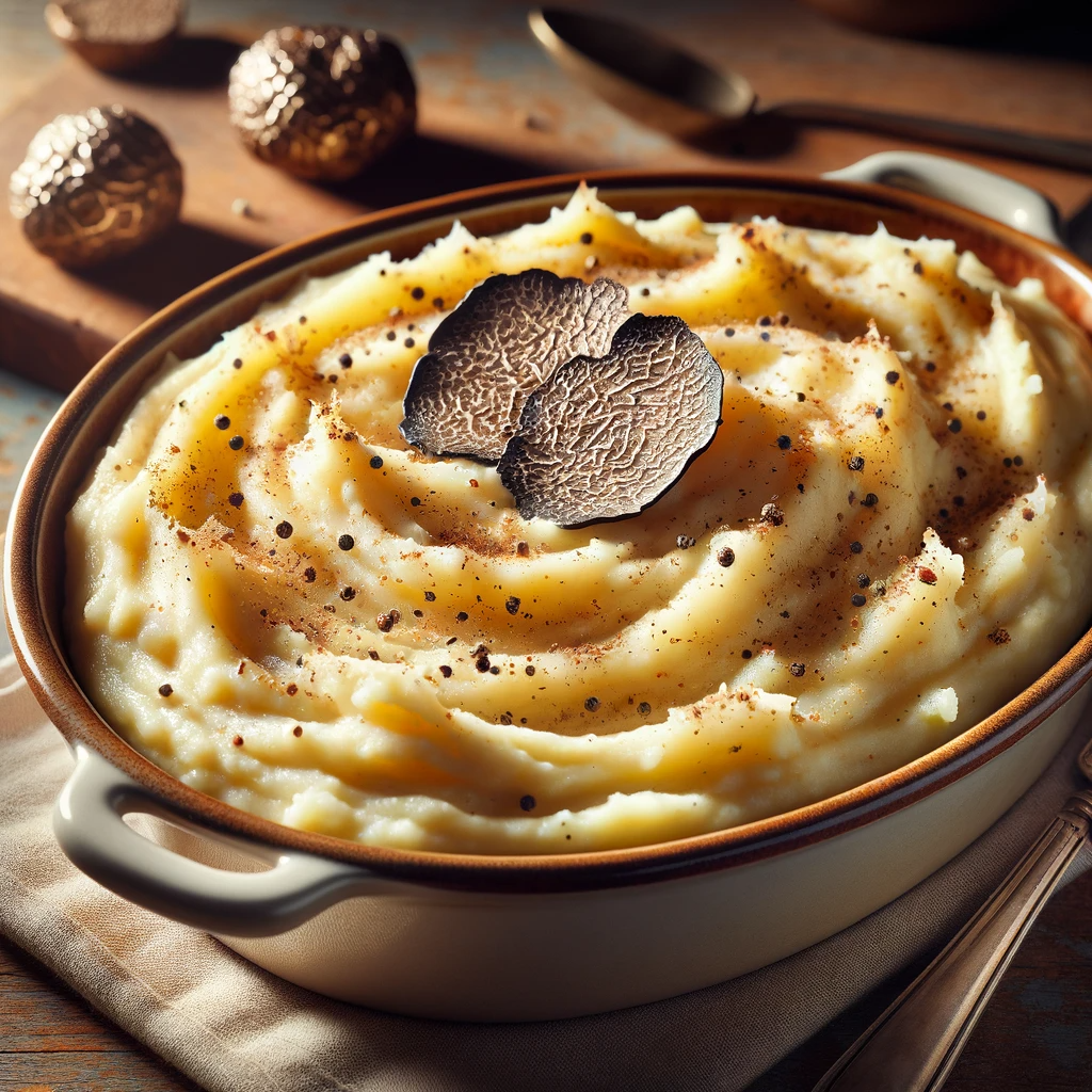 A luxurious dish of truffle mashed potatoes, smooth and creamy, with a swirl pattern on top. The dish is garnished with black truffle slices and cracked black pepper.