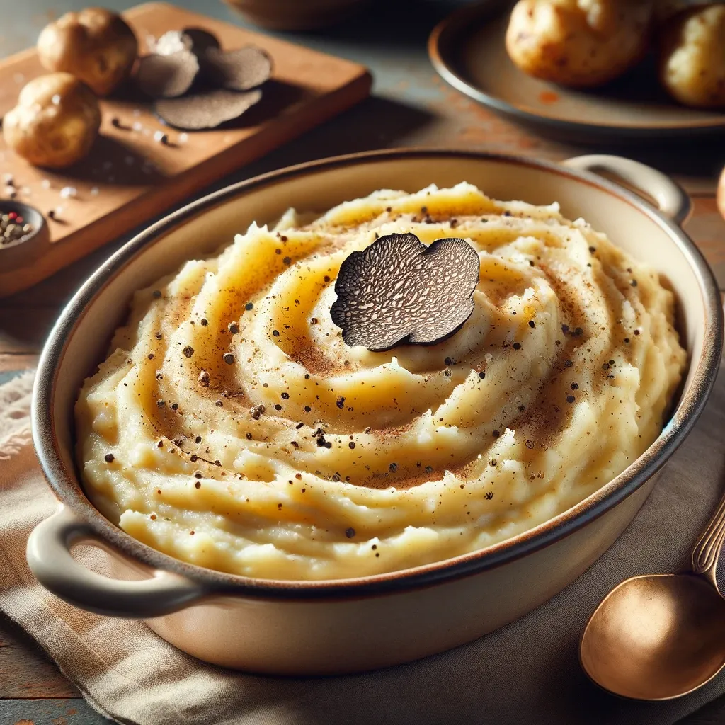 Creamy truffle mash in a baking dish topped with truffles.