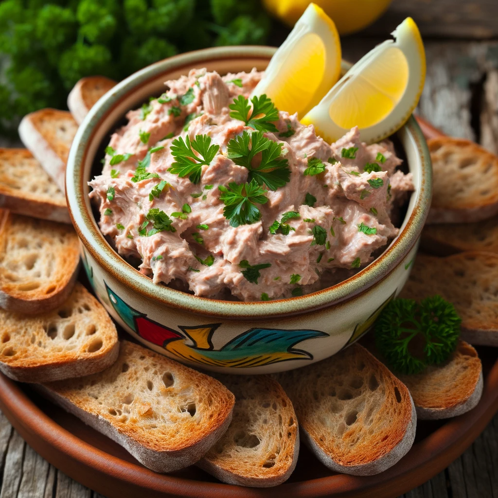 A bowl of beautifully presented Tuna Dip, garnished with fresh parsley with wedges of lemon on the side. It's served with slices of crusty bread arranged around the bowl, perfect for spreading the dip.