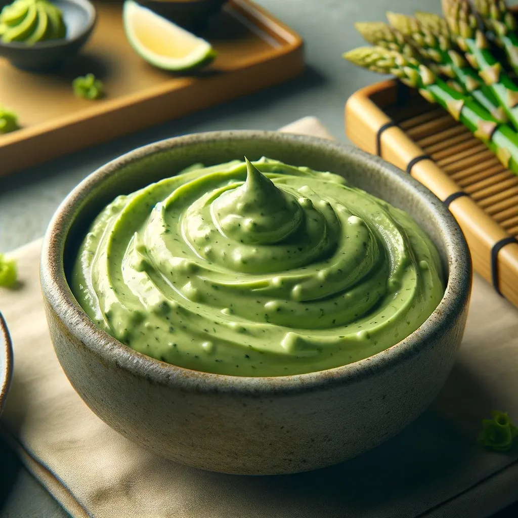 A ceramic bowl filled with creamy green wasabi aioli, artistically swirled to a peak in the center.