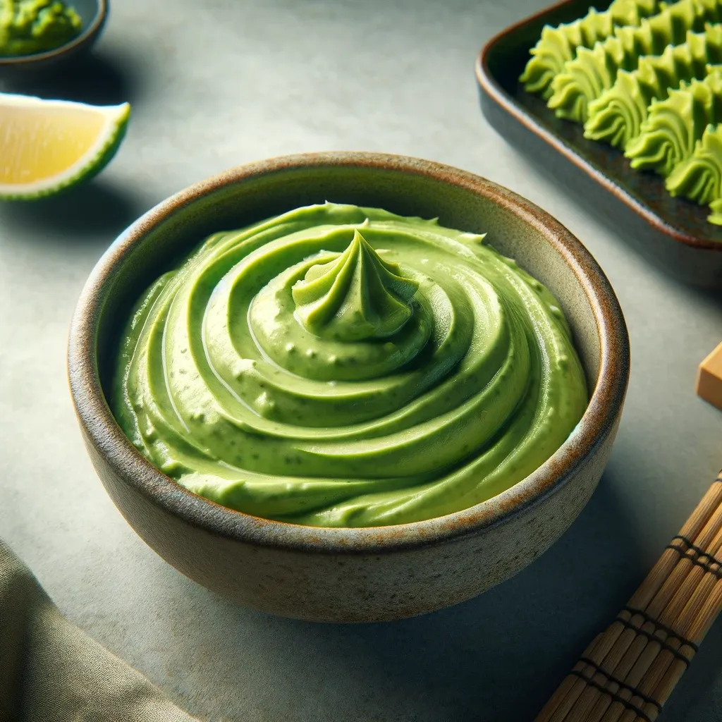 A bowl of wasabi aioli with a consistent swirl pattern.